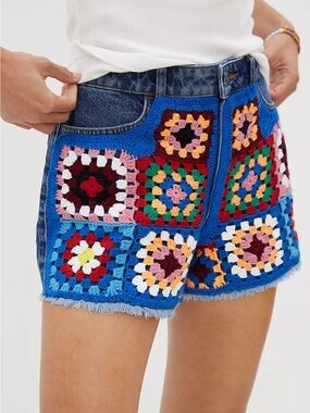 Farm Rio Crochet Rainbow Denim Shorts NWT